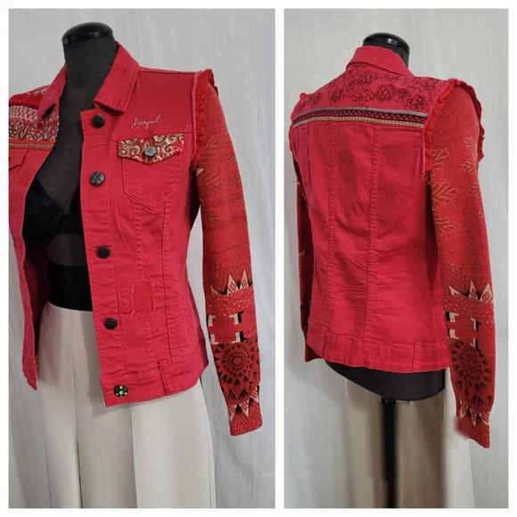 Desigual Red Embroidered Jean Jacket with Patterned Sleeves / 38 - Picture 9 of 10